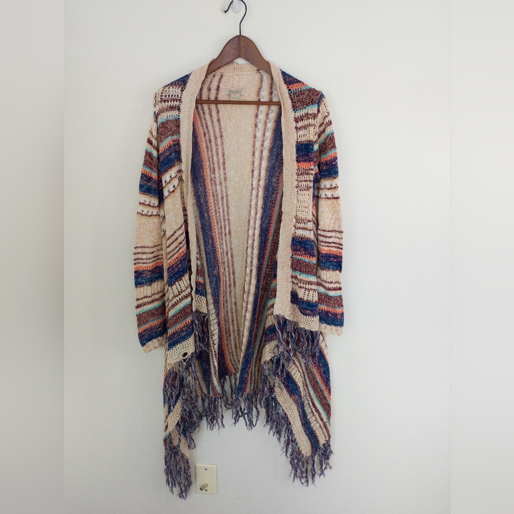 Lucky Brand Open Front Striped Fringe Cardigan Size Large